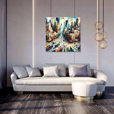 Contemporary Wall Art Canvas featuring a vibrant cityscape design above a modern sofa