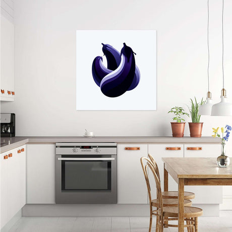 Colourful wall art canvas featuring three eggplants on a white background for modern kitchens