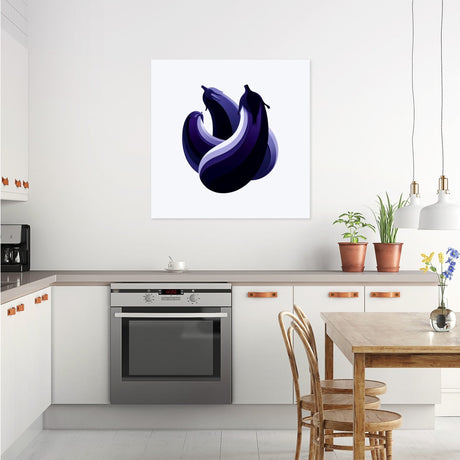 Colourful wall art canvas featuring three eggplants on a white background for modern kitchens