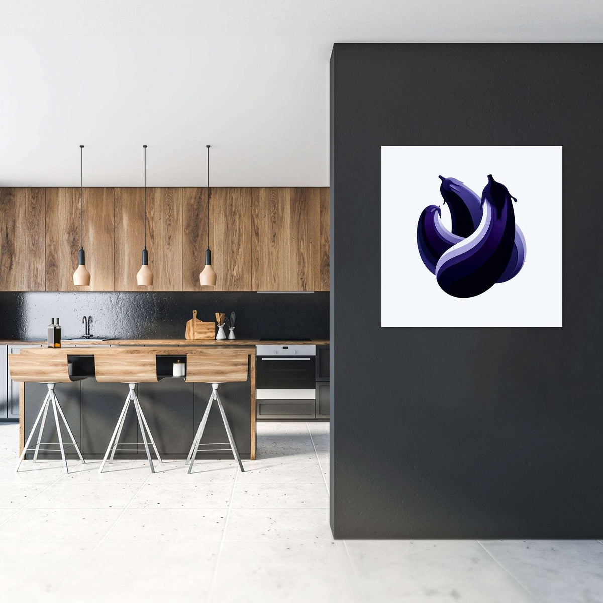 Contemporary Wall Art Canvas featuring bold blue bananas in a modern kitchen setting