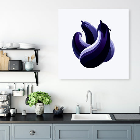 Modern Wall Art Canvas featuring abstract eggplant illustrations in vibrant purple tones for contemporary kitchens
