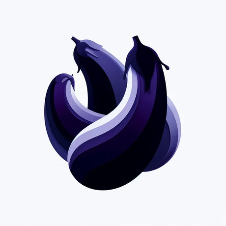 Colourful wall art canvas featuring three stylised eggplants on a white background