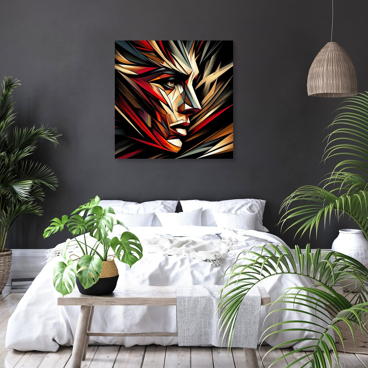 Vibrant Wall Art Canvas featuring an abstract face design, perfect for modern bedroom decor.