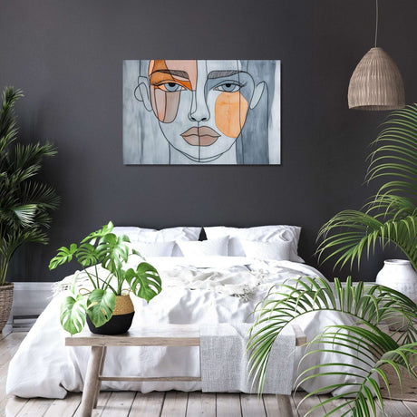 Stylish Wall Art Canvas featuring abstract face design in a modern bedroom setting
