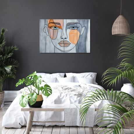 Stylish Wall Art Canvas featuring abstract face design in a modern bedroom setting