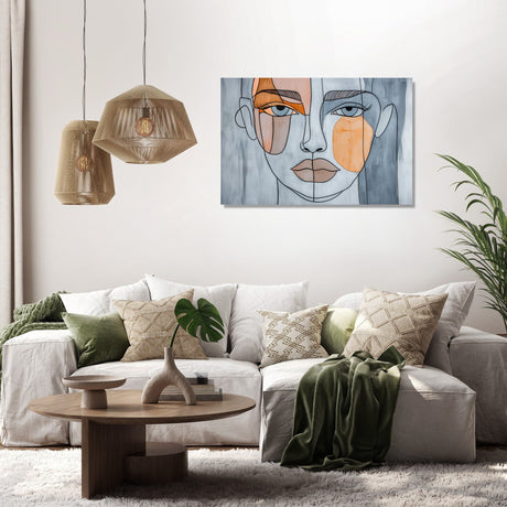 Stylish Wall Art Canvas featuring a modern abstract face design in a chic living room setting