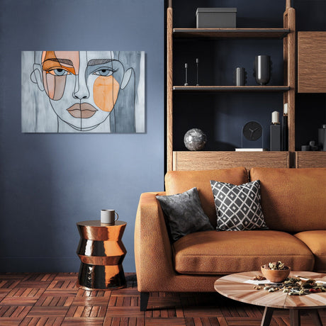 Modern Wall Art Canvas featuring a stylised face with orange accents for contemporary interiors