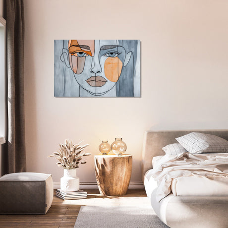 Stylish wall art canvas featuring a modern abstract face design in a chic bedroom setting
