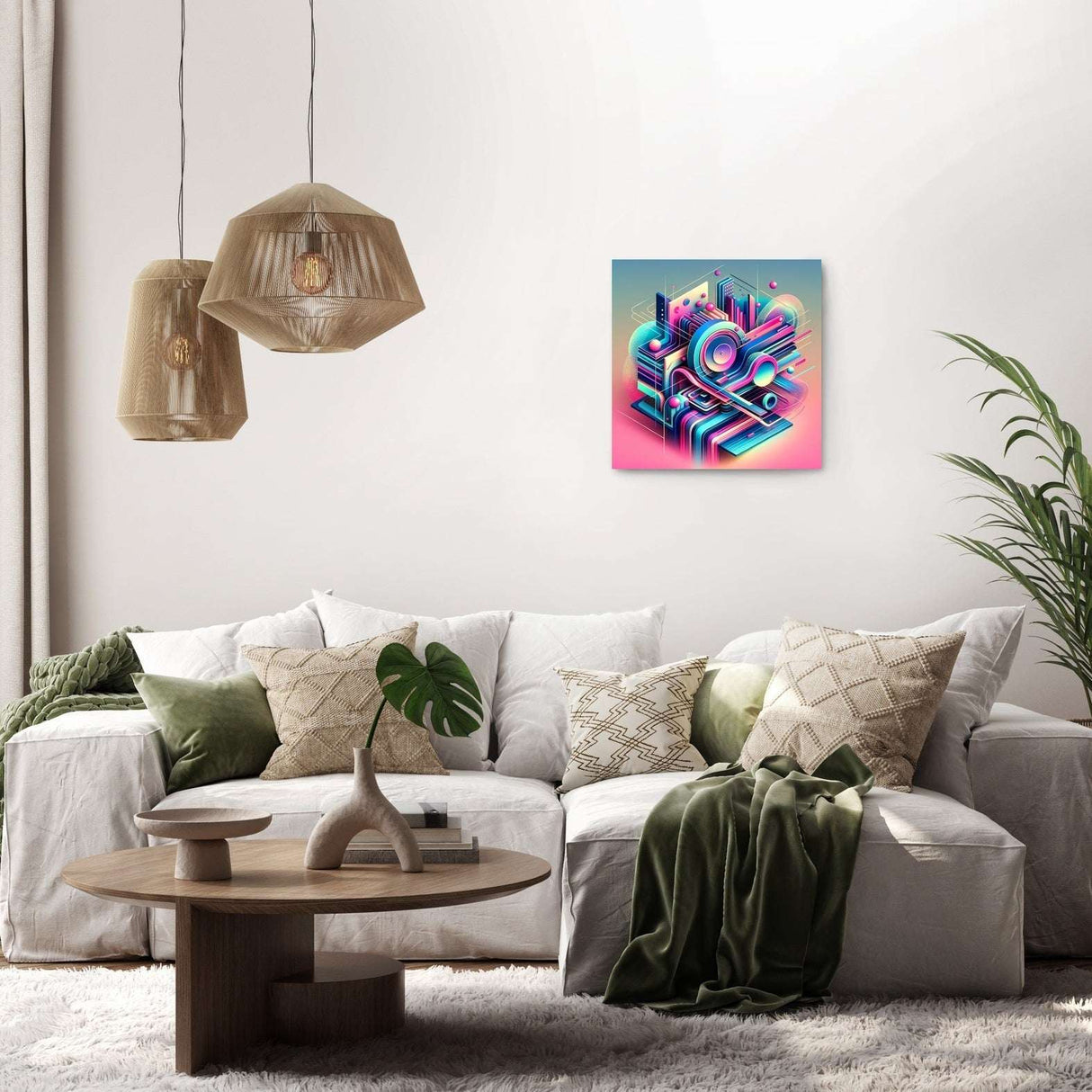 Colourful wall art canvas featuring abstract design, displayed above a modern sofa in a stylish living room