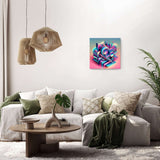 Colourful wall art canvas featuring abstract design, displayed above a modern sofa in a stylish living room
