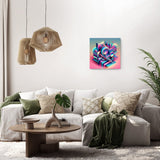 Colourful wall art canvas featuring abstract design, displayed above a modern sofa in a stylish living room