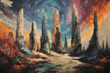 Vibrant Wall Art Canvas featuring abstract towers under a swirling sky in vivid colours