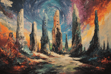 Vibrant Wall Art Canvas featuring abstract towers under a swirling sky in vivid colours