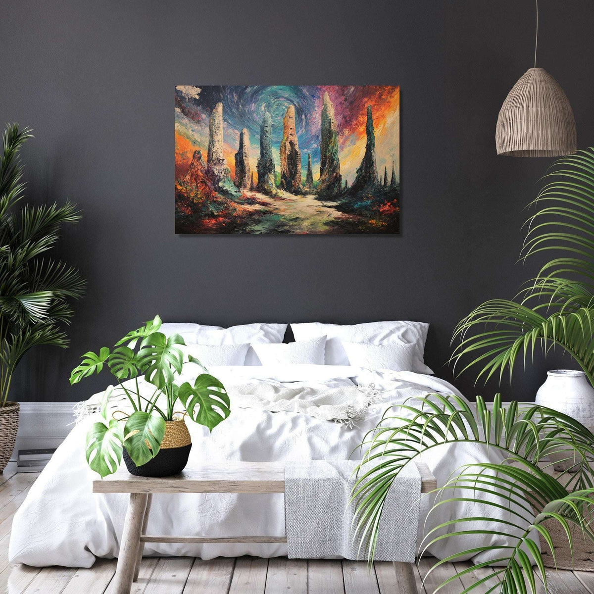 Vibrant Wall Art Canvas depicting a mystical landscape with towering spires for bedroom decoration
