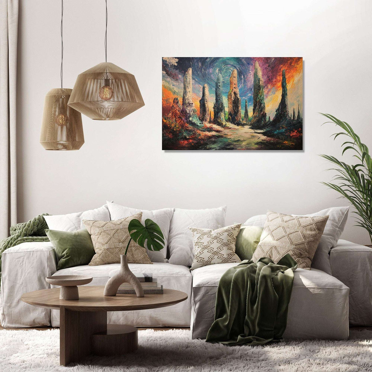 Vibrant Wall Art Canvas featuring abstract landscape with colourful spirals in a modern living room setting