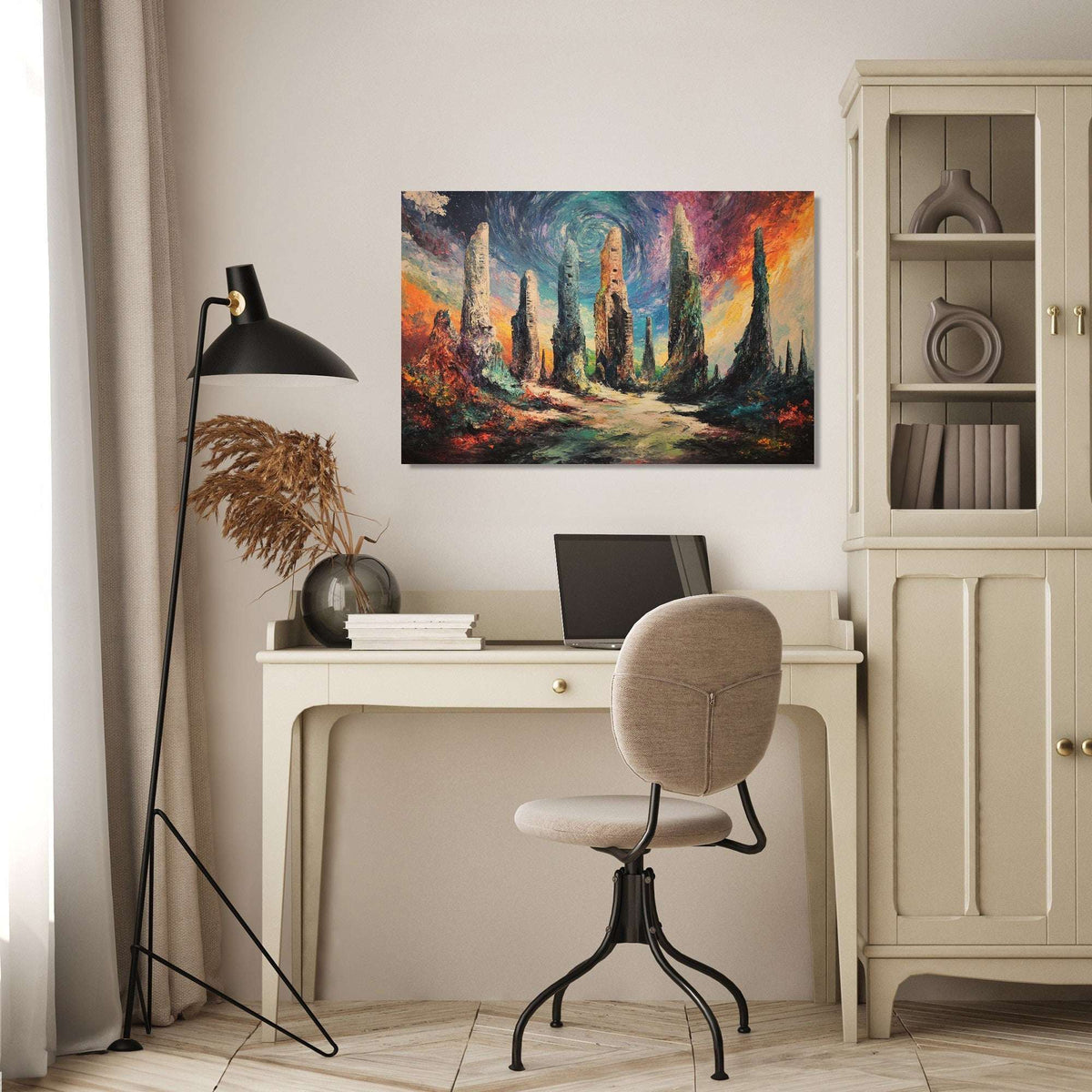 Vibrant Wall Art Canvas depicting an abstract landscape with colourful towers and a serene pathway
