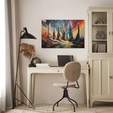 Vibrant Wall Art Canvas depicting an abstract landscape with colourful towers and a serene pathway