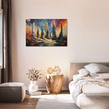 Vibrant Wall Art Canvas featuring an abstract landscape in a stylish bedroom setting
