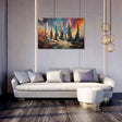 Vibrant abstract wall art canvas featuring colourful landscapes above a modern living room sofa