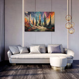Vibrant abstract wall art canvas featuring colourful landscapes above a modern living room sofa