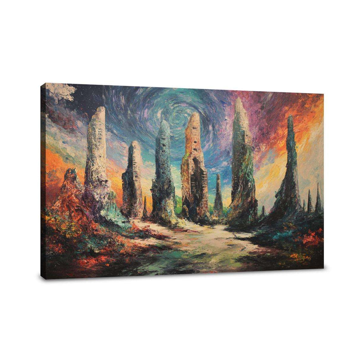 Vibrant abstract Wall Art Canvas depicting towering rock formations under a swirling sky