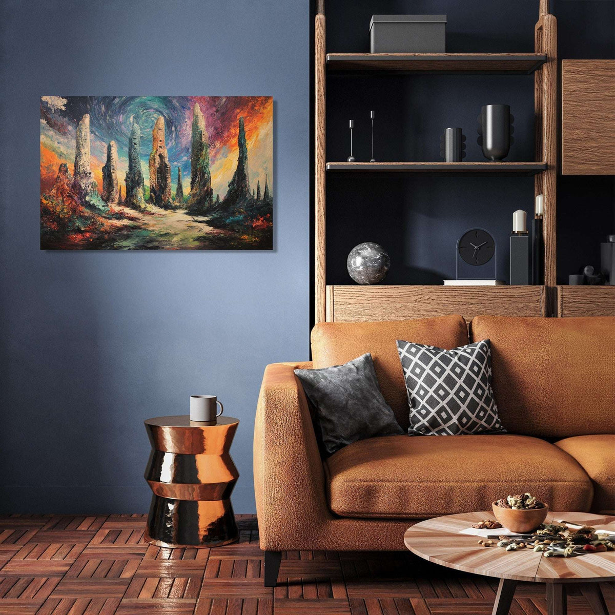 Vibrant Wall Art Canvas featuring abstract mountains in a modern living room setting