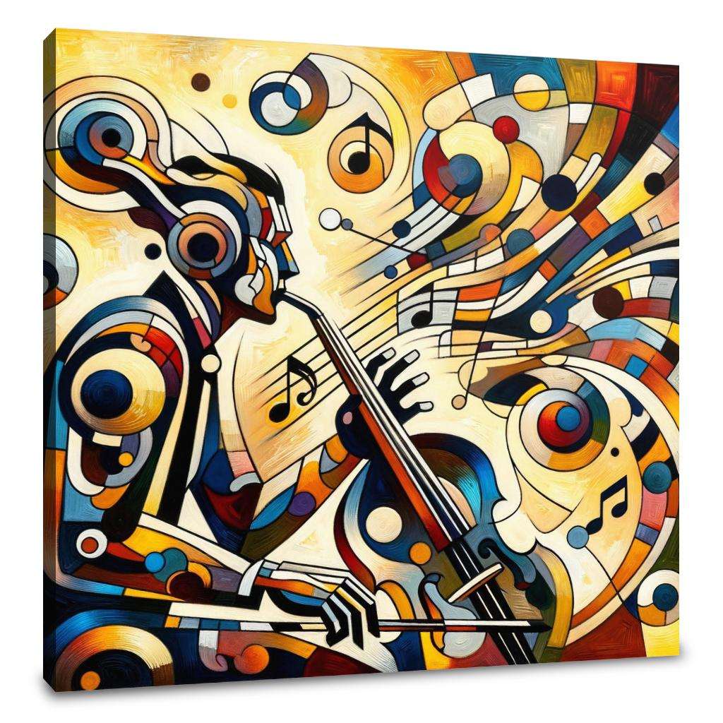 A vibrant Wall Art Canvas featuring an abstract musician playing a saxophone surrounded by colourful musical notes