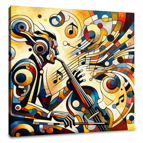 A vibrant Wall Art Canvas featuring an abstract musician playing a saxophone surrounded by colourful musical notes