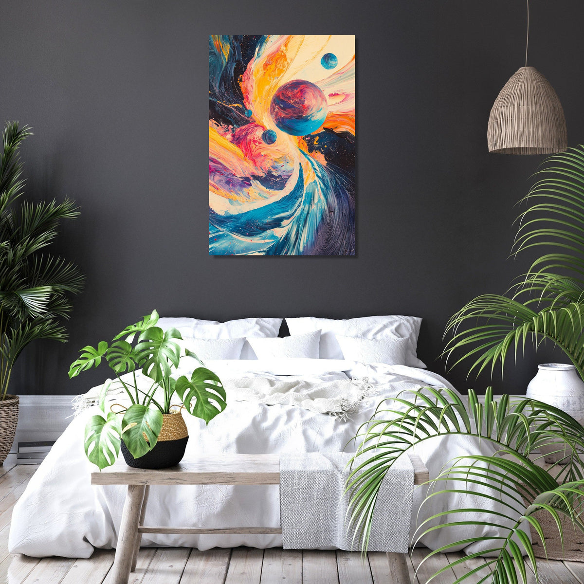 Vibrant Wall Art Canvas featuring abstract cosmic design with planets and swirling colours for bedroom decor