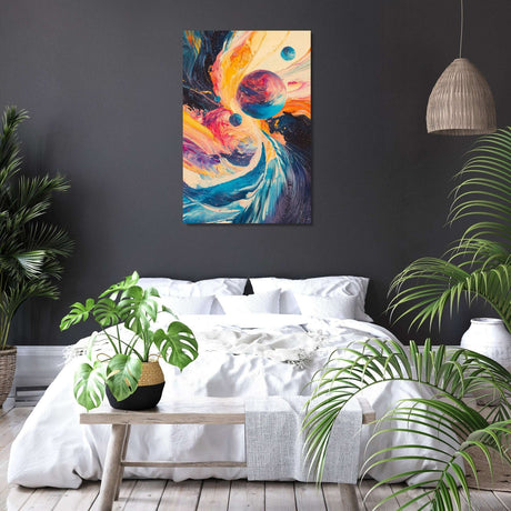 Vibrant Wall Art Canvas featuring abstract cosmic design with planets and swirling colours for bedroom decor