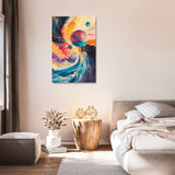 Vibrant Wall Art Canvas depicting a colourful cosmic scene in a modern bedroom setting