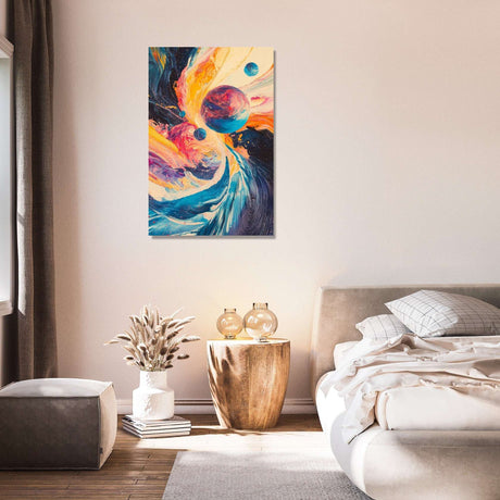 Vibrant Wall Art Canvas depicting a colourful cosmic scene in a modern bedroom setting