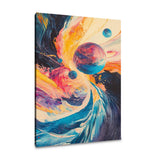 Colourful abstract wall art canvas featuring vibrant planets and swirling cosmic designs