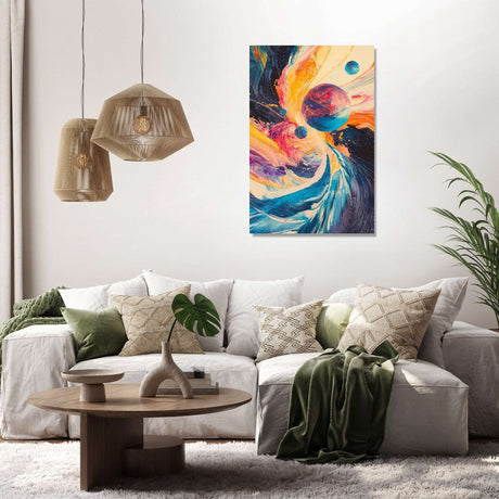 Vibrant wall art canvas featuring abstract planets and swirls for modern home decor