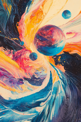 Colourful abstract painting of planets and cosmic swirls on Wall Art Canvas by HOME ART HAVEN