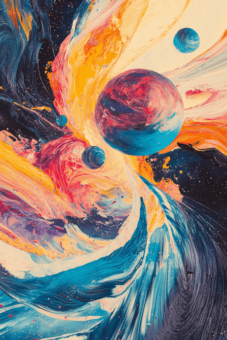 Colourful abstract painting of planets and cosmic swirls on Wall Art Canvas by HOME ART HAVEN