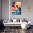 Colourful abstract Wall Art Canvas featuring vibrant swirls and planets in a modern living room setting