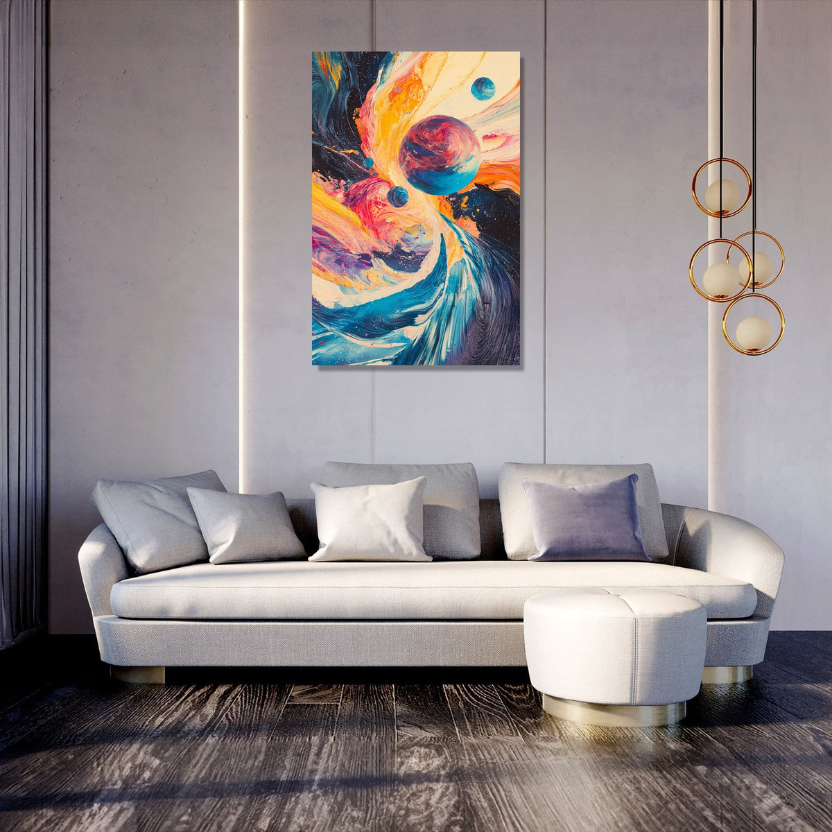 Colourful abstract Wall Art Canvas featuring vibrant swirls and planets in a modern living room setting