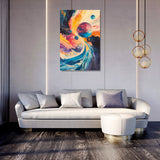 Colourful abstract Wall Art Canvas featuring vibrant swirls and planets in a modern living room setting