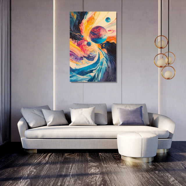 Colourful abstract Wall Art Canvas featuring vibrant swirls and planets in a modern living room setting