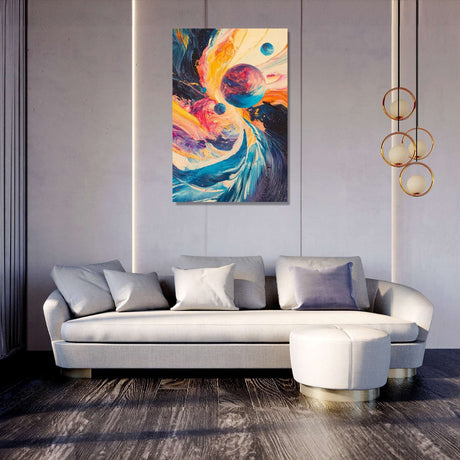 Colourful abstract Wall Art Canvas featuring vibrant swirls and planets in a modern living room setting