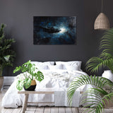 Stunning Wall Art Canvas featuring a cosmic landscape in a modern bedroom setting