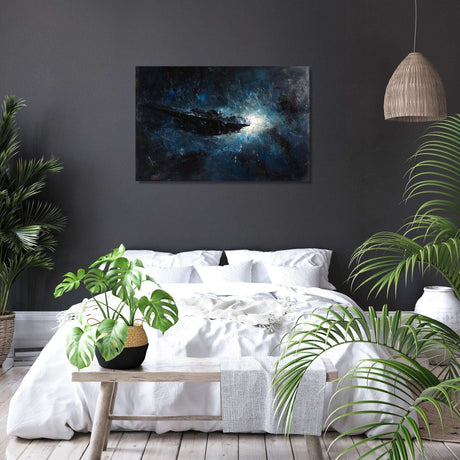 Stunning Wall Art Canvas featuring a cosmic landscape in a modern bedroom setting