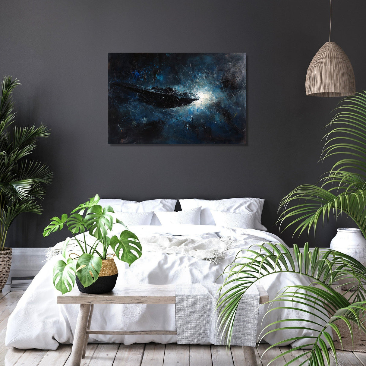 Stunning Wall Art Canvas featuring a cosmic landscape in a modern bedroom setting