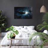 Stunning Wall Art Canvas featuring a cosmic landscape in a modern bedroom setting