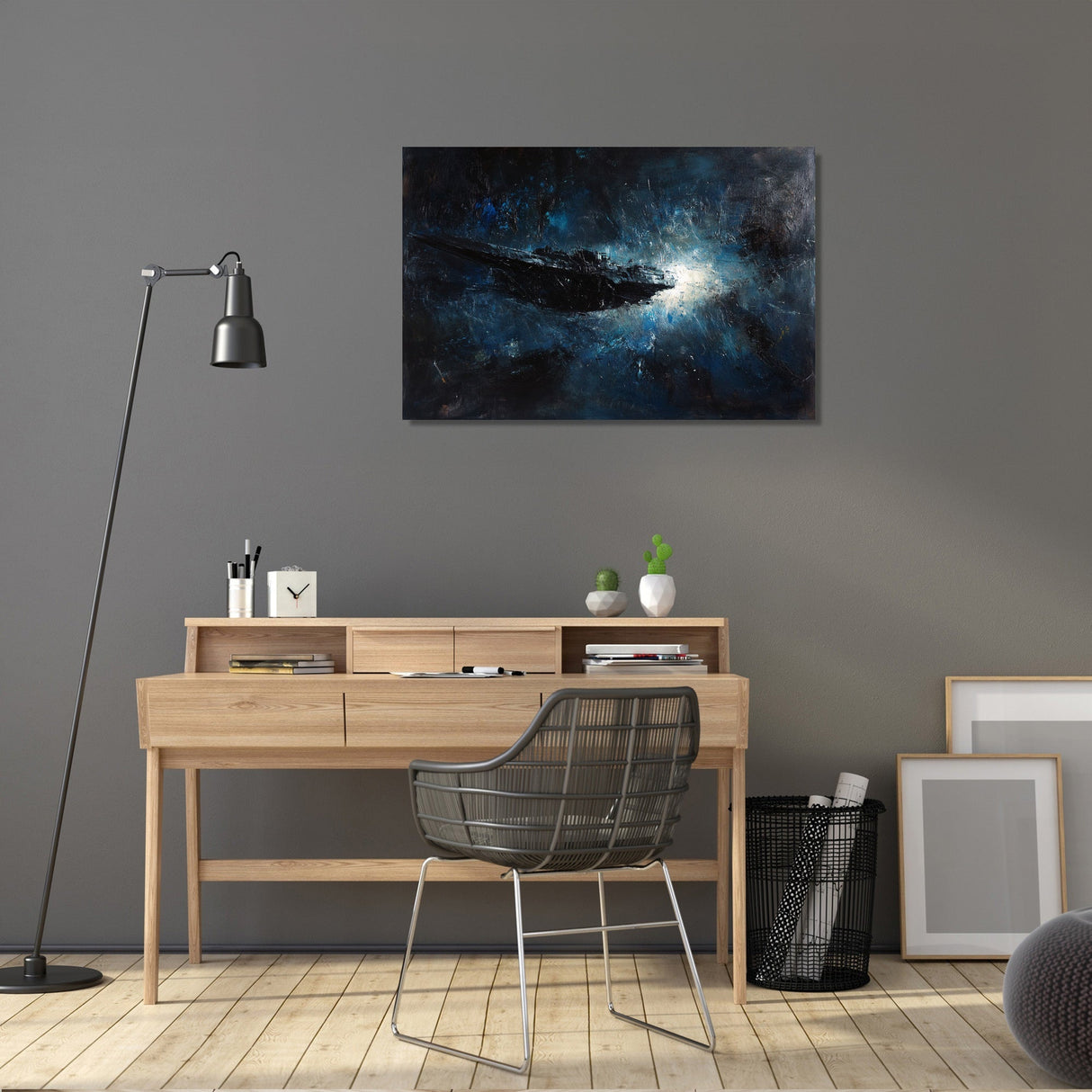 Cosmic-themed Wall Art Canvas displayed above a modern desk in a minimalist home office