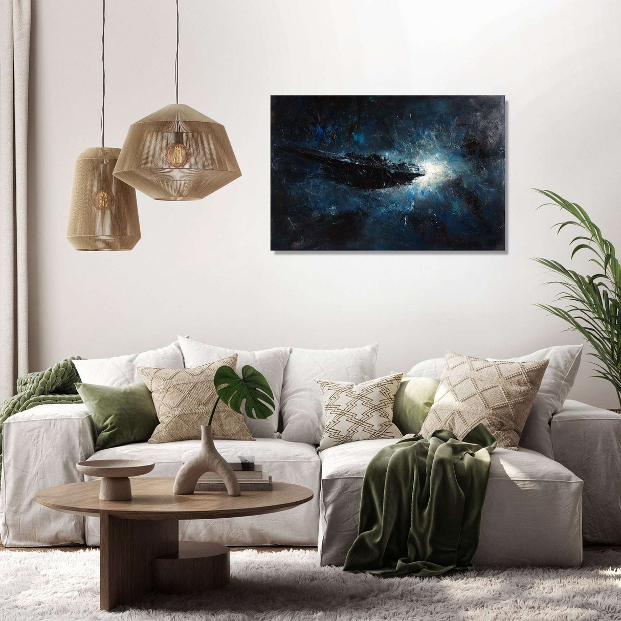 Abstract galaxy themed Wall Art Canvas displayed above a modern sofa in a chic living room
