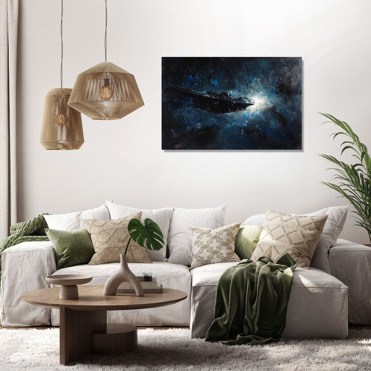 Abstract galaxy themed Wall Art Canvas displayed above a modern sofa in a chic living room