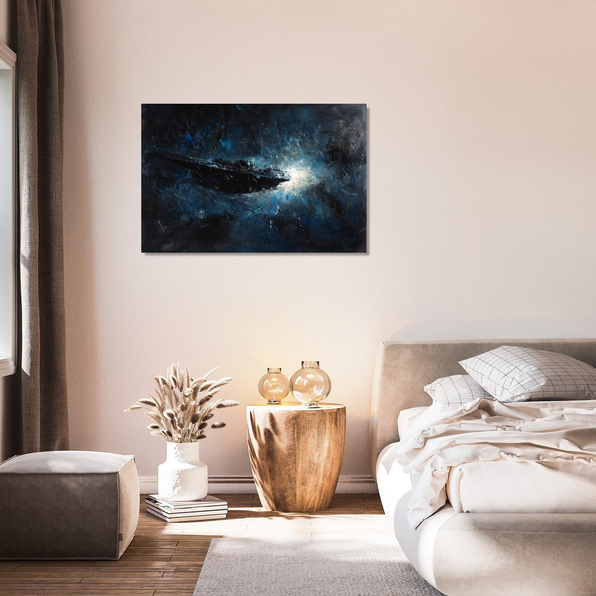 Stunning Wall Art Canvas depicting a cosmic scene in a serene bedroom setting