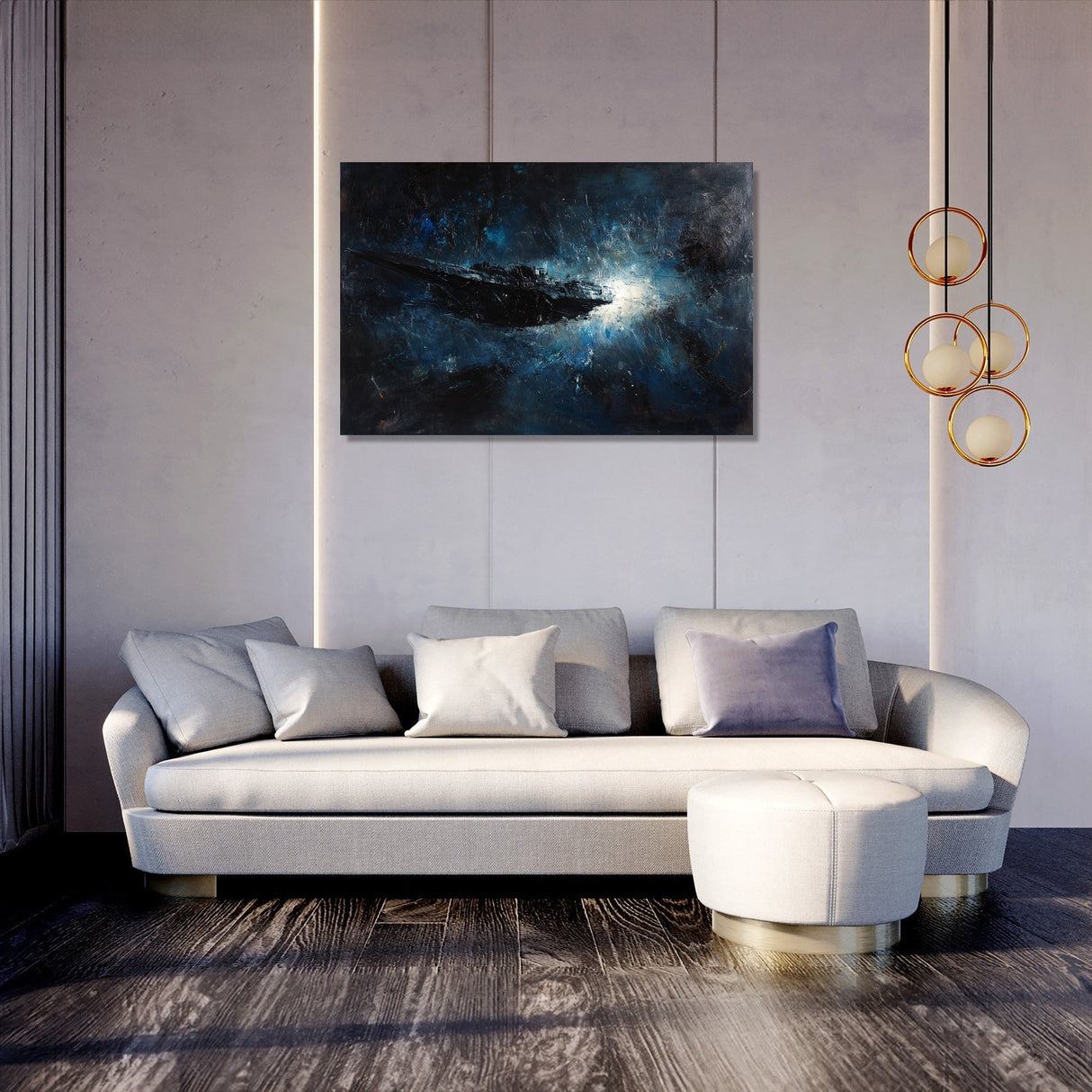 Abstract Wall Art Canvas featuring a cosmic scene above a modern sofa in a stylish living room